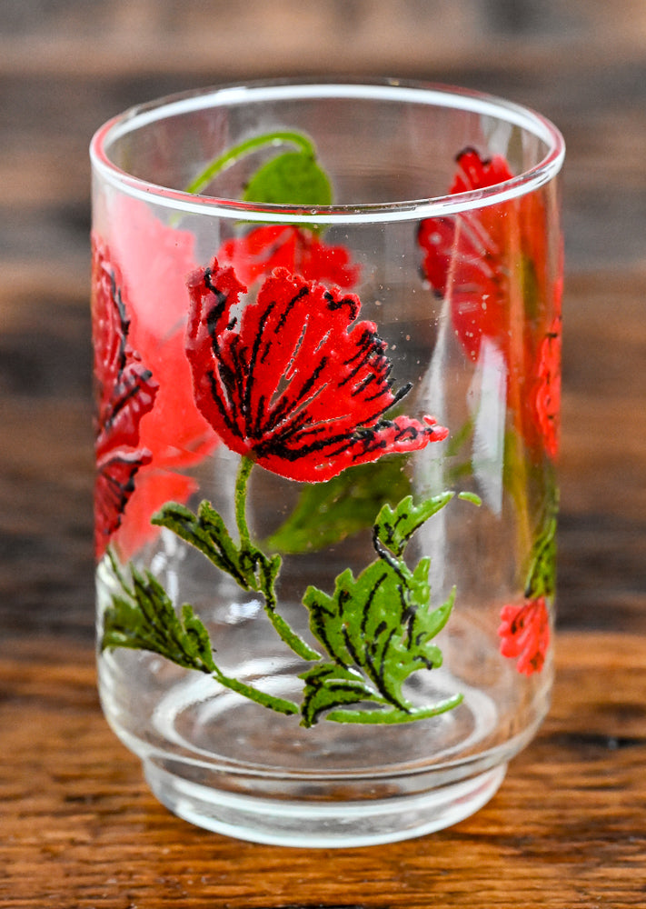 Libbey red poppies green leaves printed tumbler glass