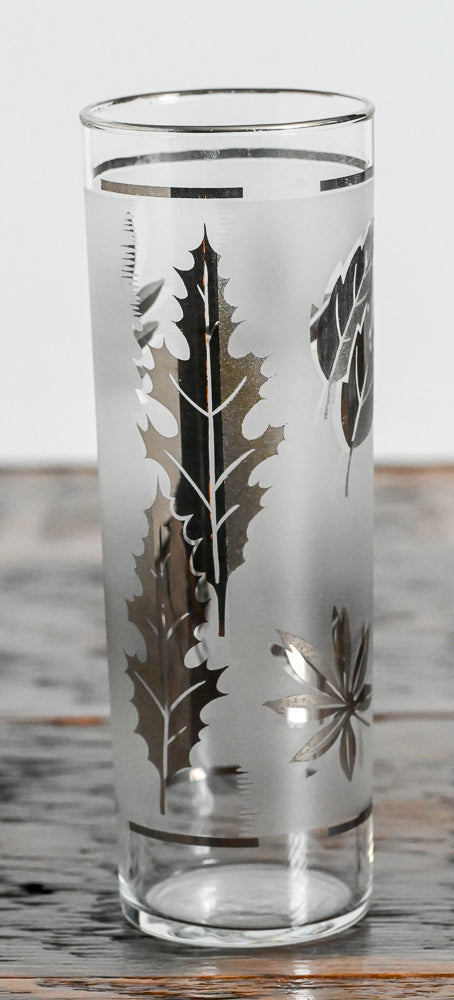 Libbey frosted collins glass with silver leaves and silver rim