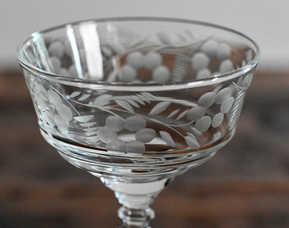 Floral etched Rock Sharpe Coupe Glass