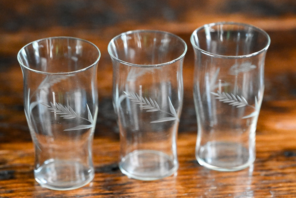 wheat etched clear juice glasses
