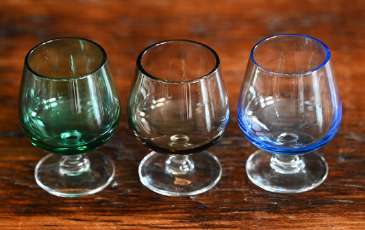green, smoke and blue tiny snifter cordial glasses