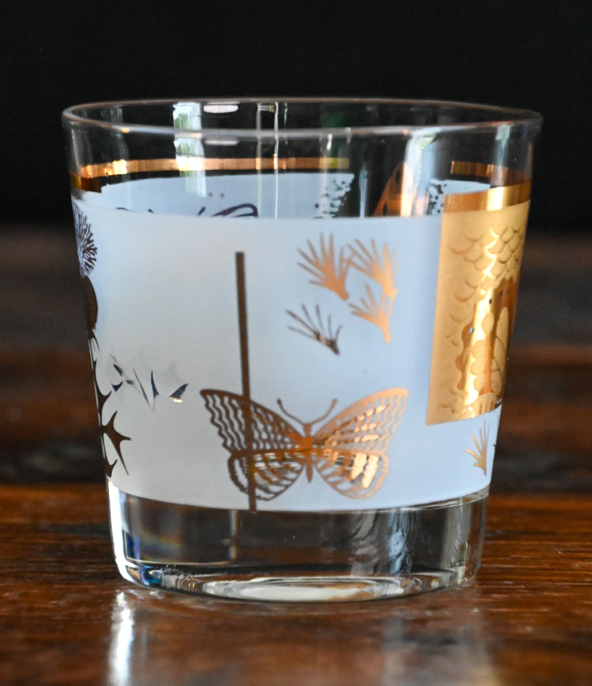 Fred Press 22K gold thistle and butterfly rocks glasses