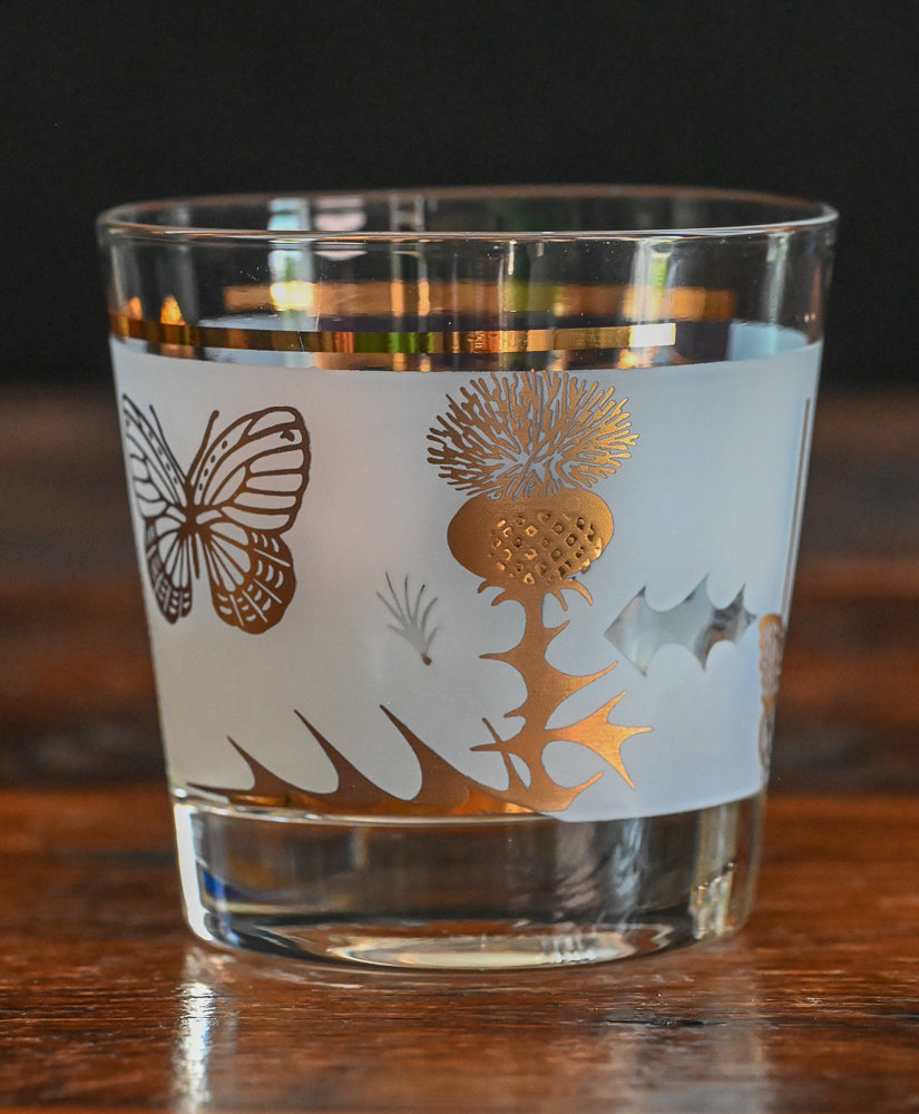 Fred Press 22K gold thistle and butterfly rocks glasses