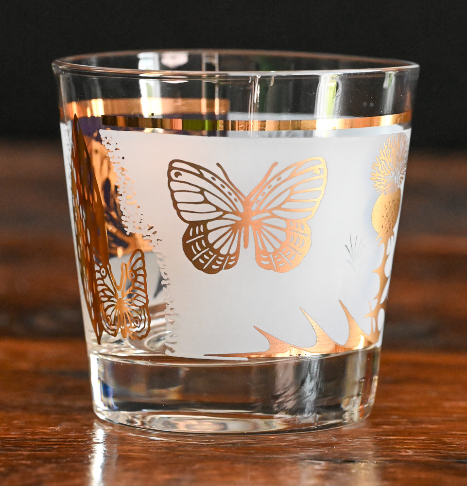 Fred Press 22K gold thistle and butterfly rocks glasses