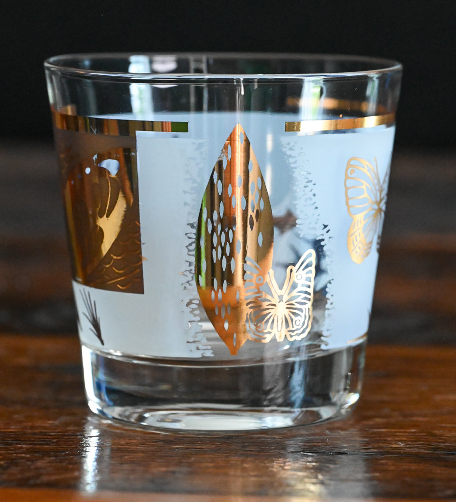 Fred Press 22K gold thistle and butterfly rocks glasses