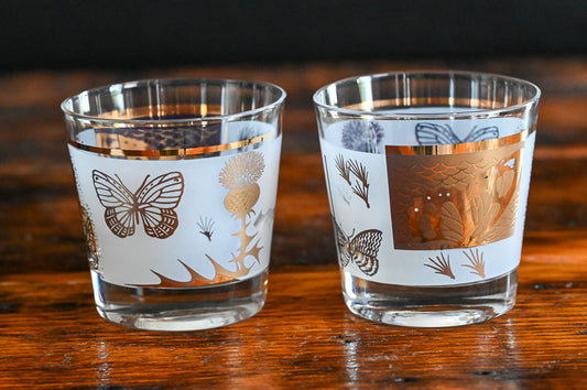 Fred Press 22K gold thistle and butterfly rocks glasses
