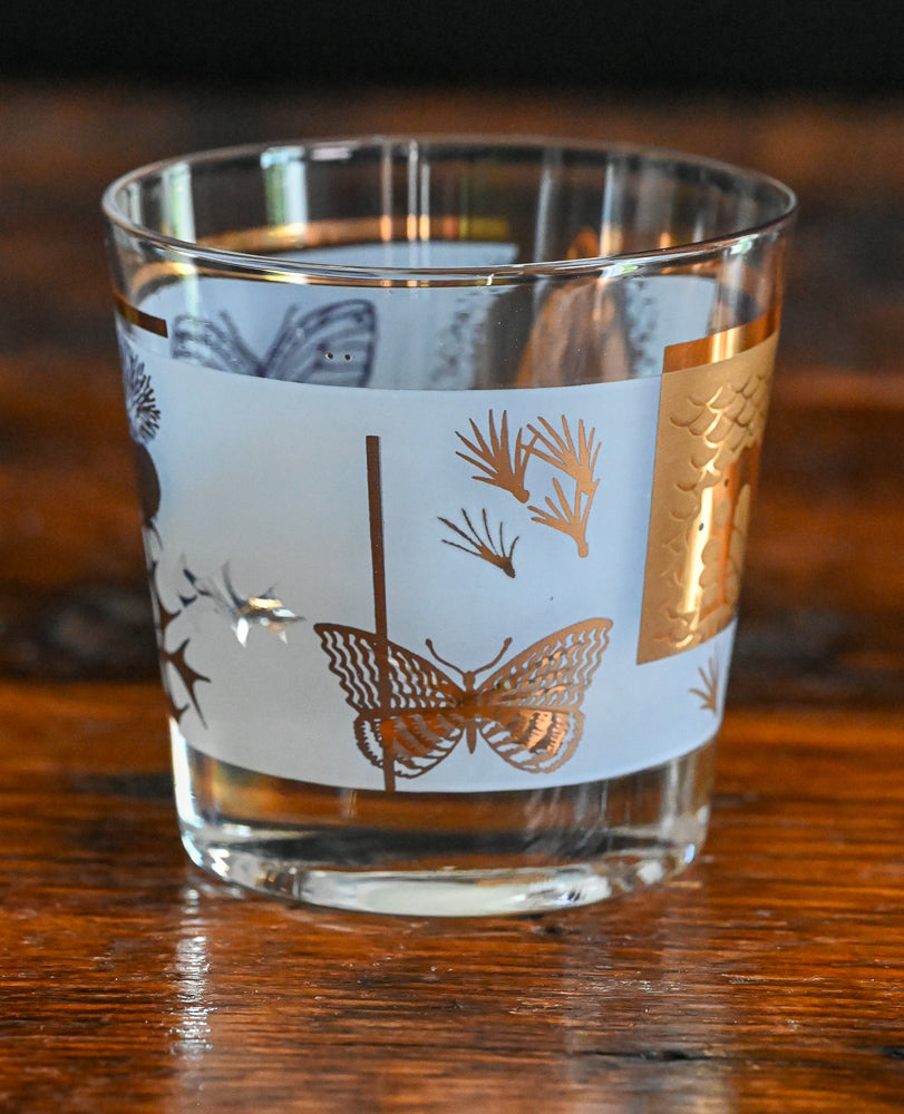 Fred Press 22K gold thistle and butterfly rocks glasses