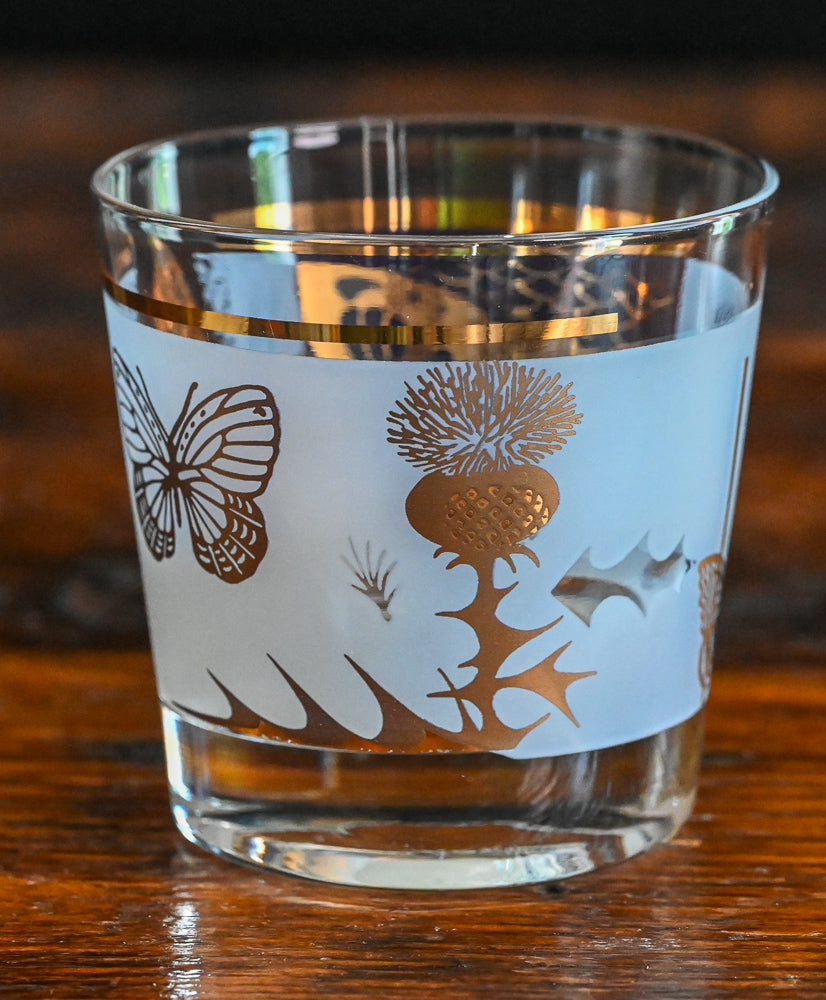 Fred Press 22K gold thistle and butterfly rocks glasses
