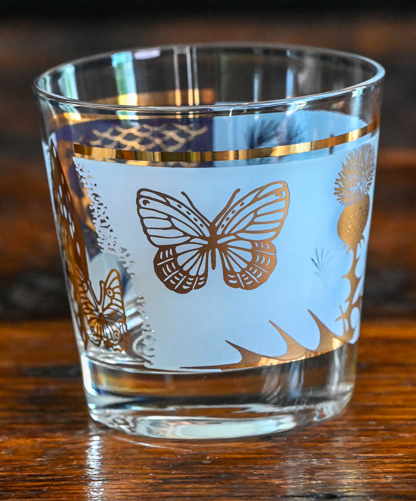 Fred Press 22K gold thistle and butterfly rocks glasses