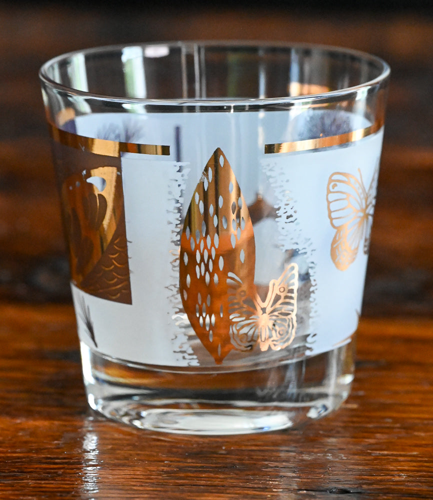 Fred Press 22K gold thistle and butterfly rocks glasses