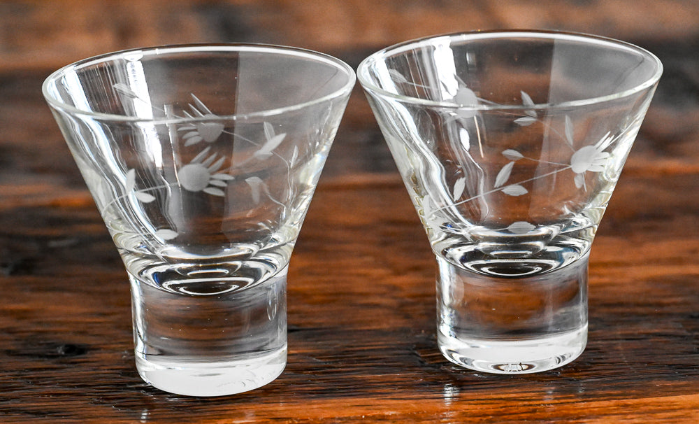 flower etched cordial glasses
