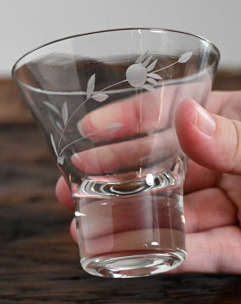 flower etched cordial glasses