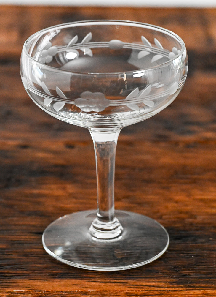floral and lines etched cocktail coupes