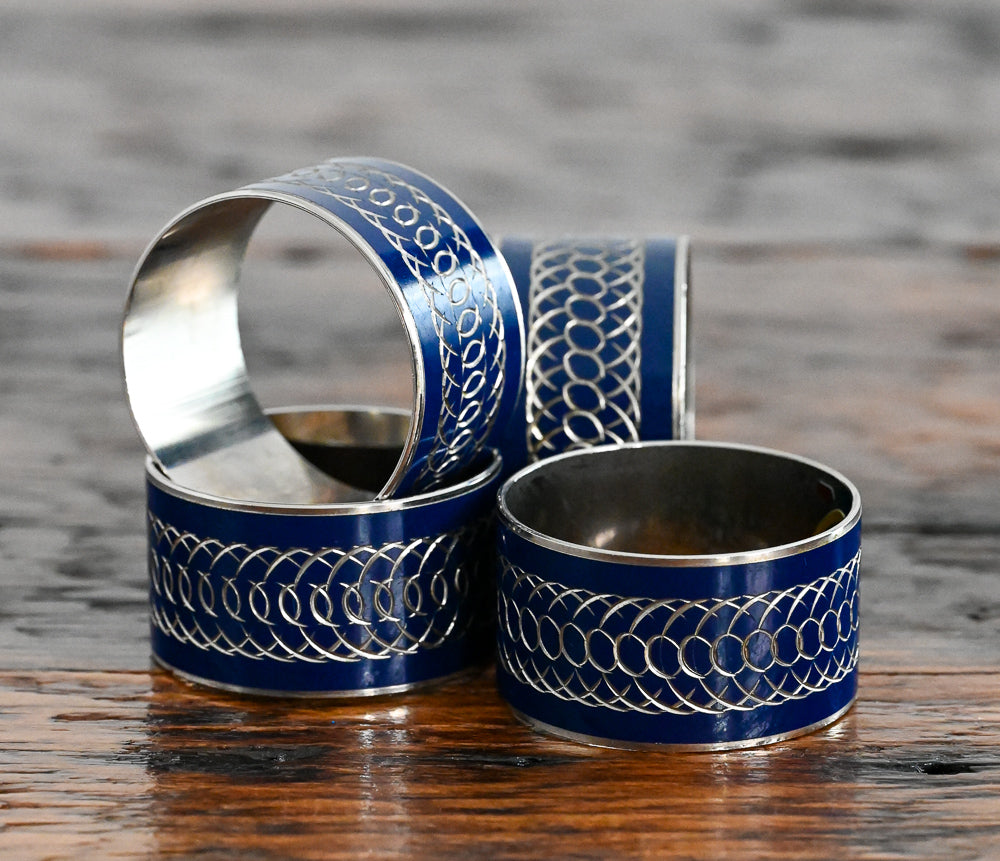 blue enamel and chrome swirl napkin rings