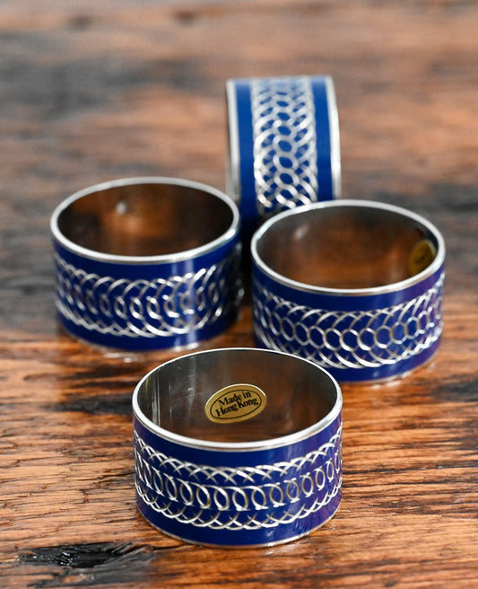 blue enamel and chrome swirl napkin rings