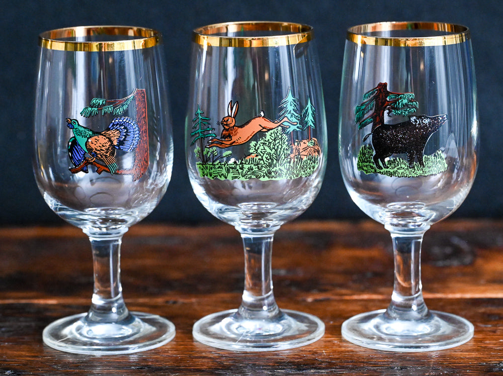 hunting motif stemmed glasses with turkey, rabbit and boar