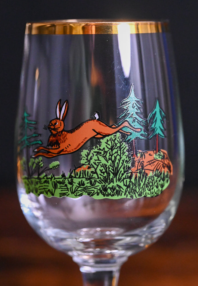 hunting motif stemmed glasses with rabbit