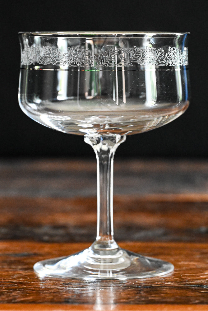Lenox Moonspun cocktail coupes with platinum rim and etched floral
