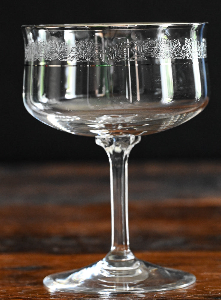 Lenox Moonspun cocktail coupes with platinum rim and etched floral