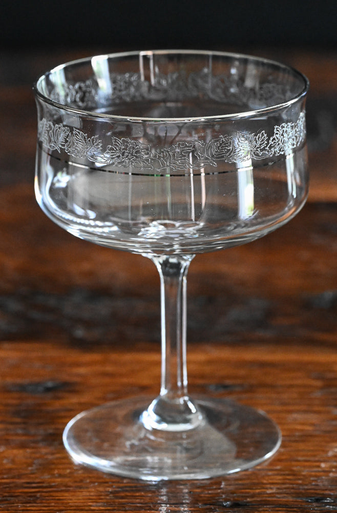 Lenox Moonspun cocktail coupes with platinum rim and etched floral