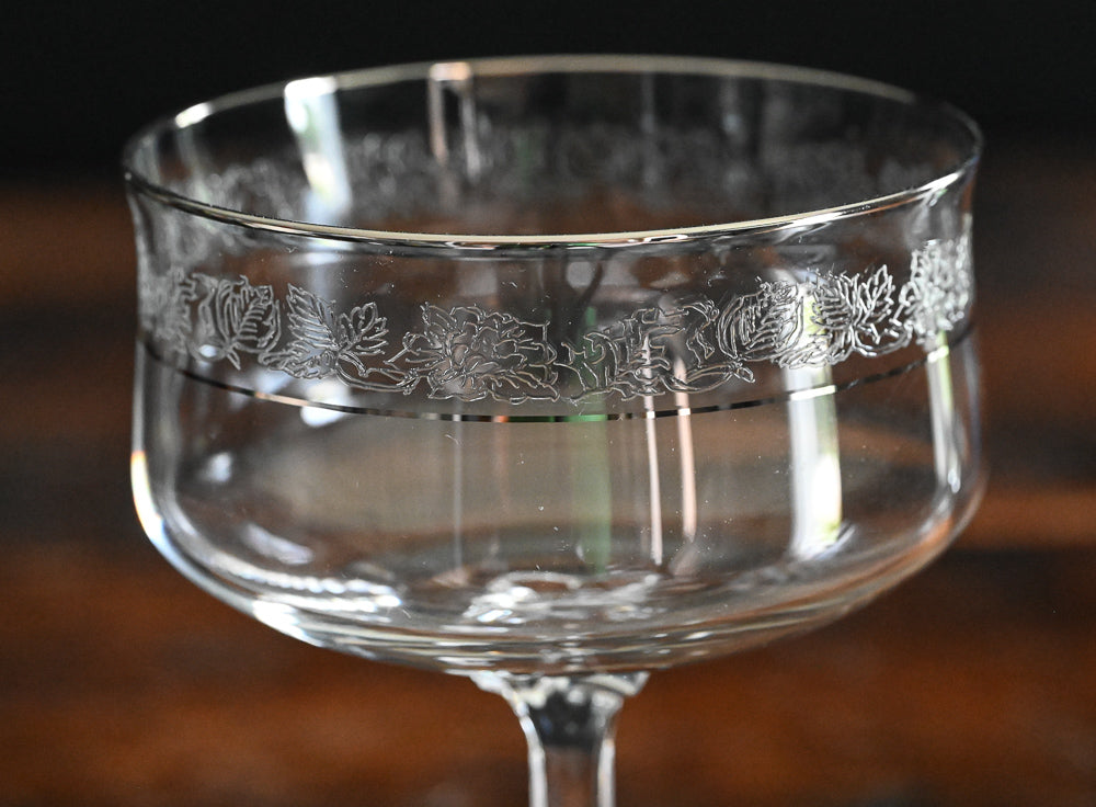 Lenox Moonspun cocktail coupes with platinum rim and etched floral