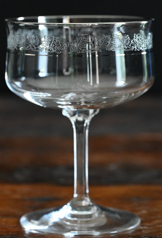 Lenox Moonspun cocktail coupes with platinum rim and etched floral