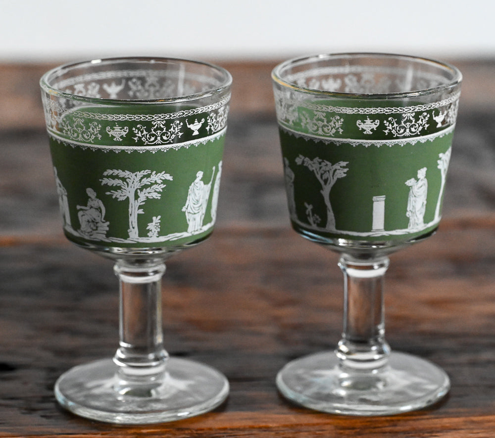 green Jeannette Glass Hellenic cordial glasses