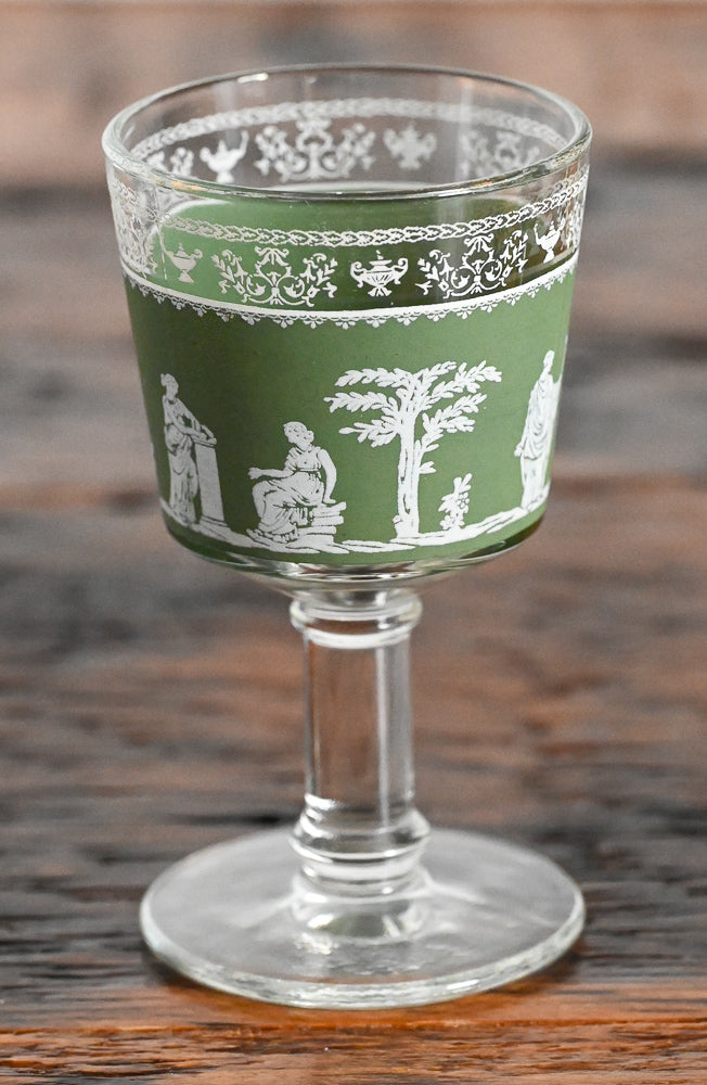 green Jeannette Glass Hellenic cordial glasses