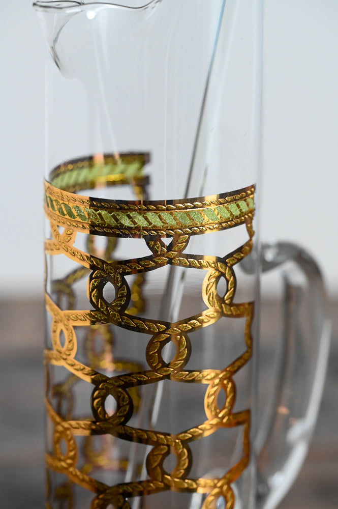 Vintage Glass Cocktail Pitcher With Glass Stirrer and Gold 