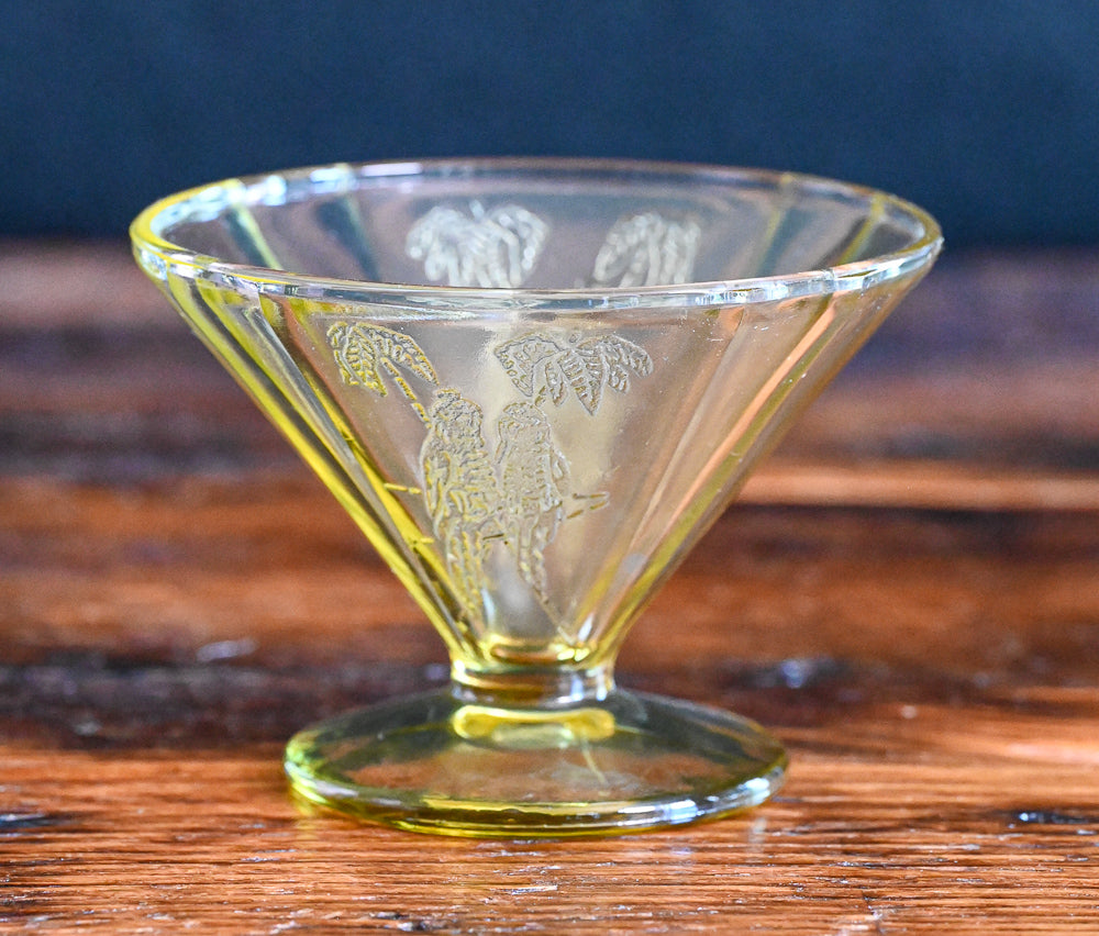Federal Glass Parrot Pattern yellow dessert glass