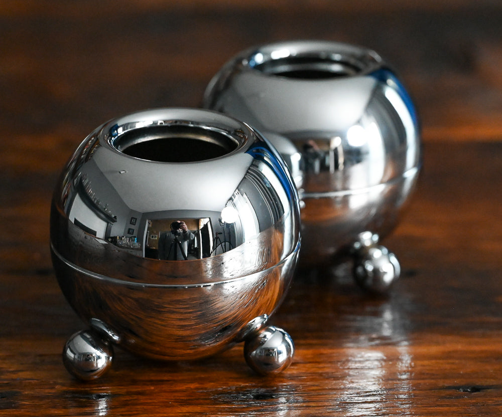 silver 3 footed orb candlestick holders