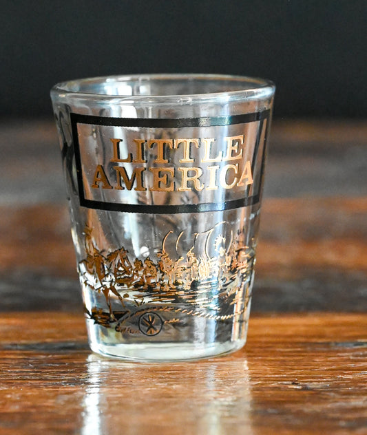  black and gold print Little America Wyoming souvenir shot glass