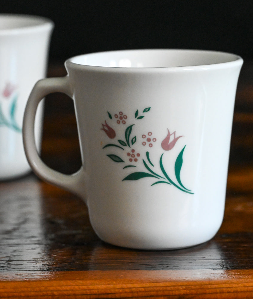 Corelle Rosemarie pattern pink tulip mugs