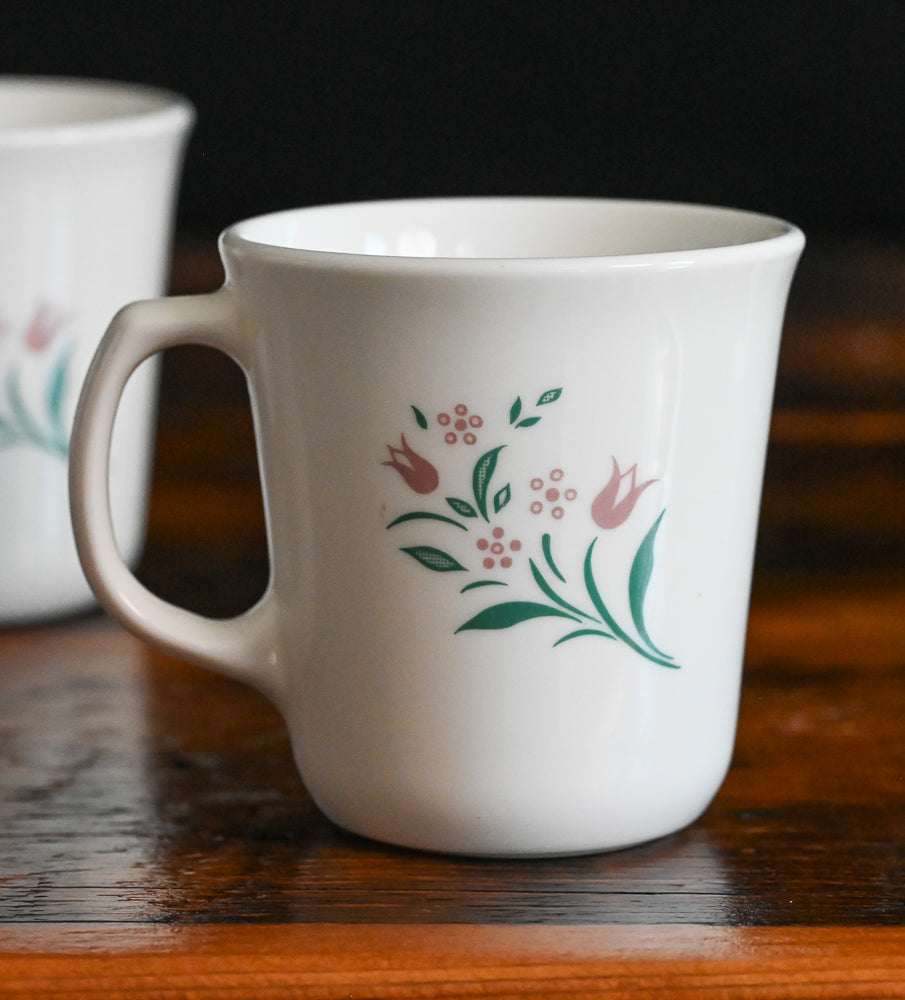 Corelle Rosemarie pattern pink tulip mugs