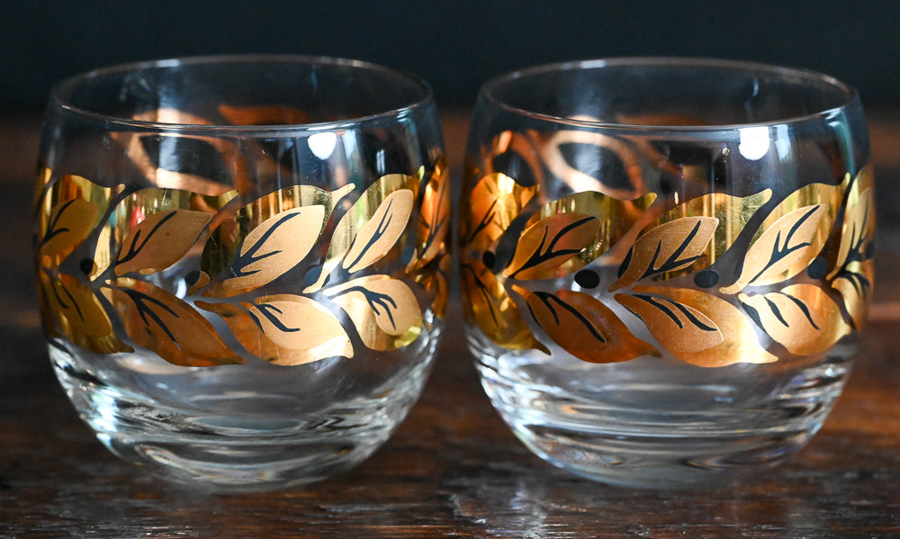 Federal Glass Roly Poly Rocks Glasses with Black and Gold Foliage ...