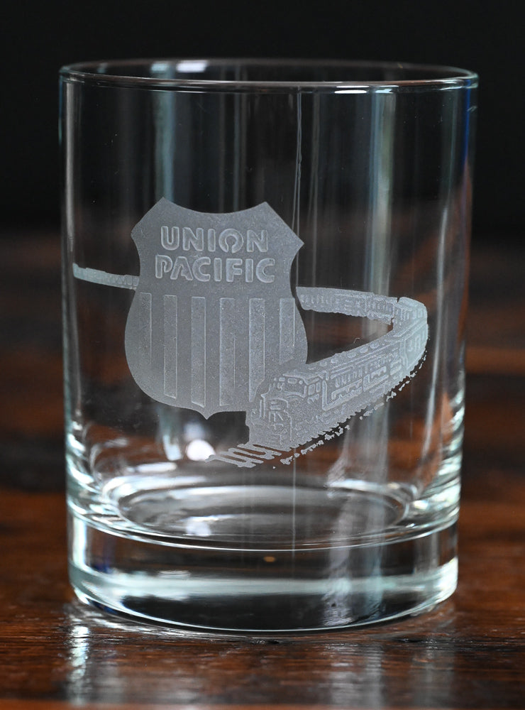 etched Union Pacific Railroad logo and train on clear rocks glass