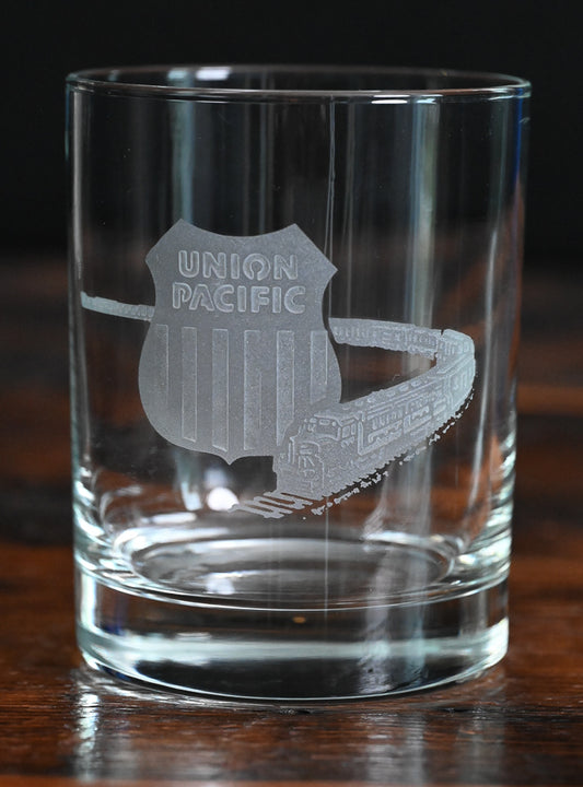 etched Union Pacific Railroad logo and train on clear rocks glass
