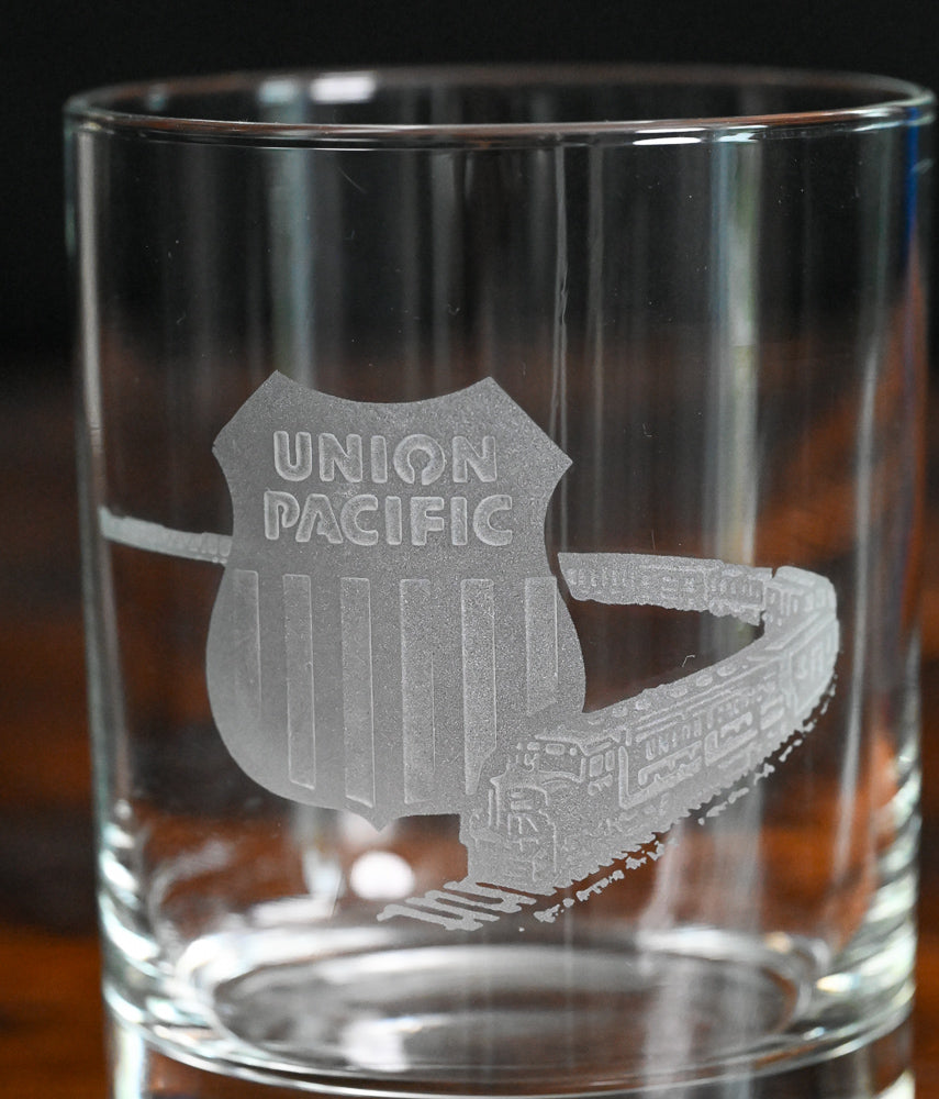 etched Union Pacific Railroad logo and train on clear rocks glass