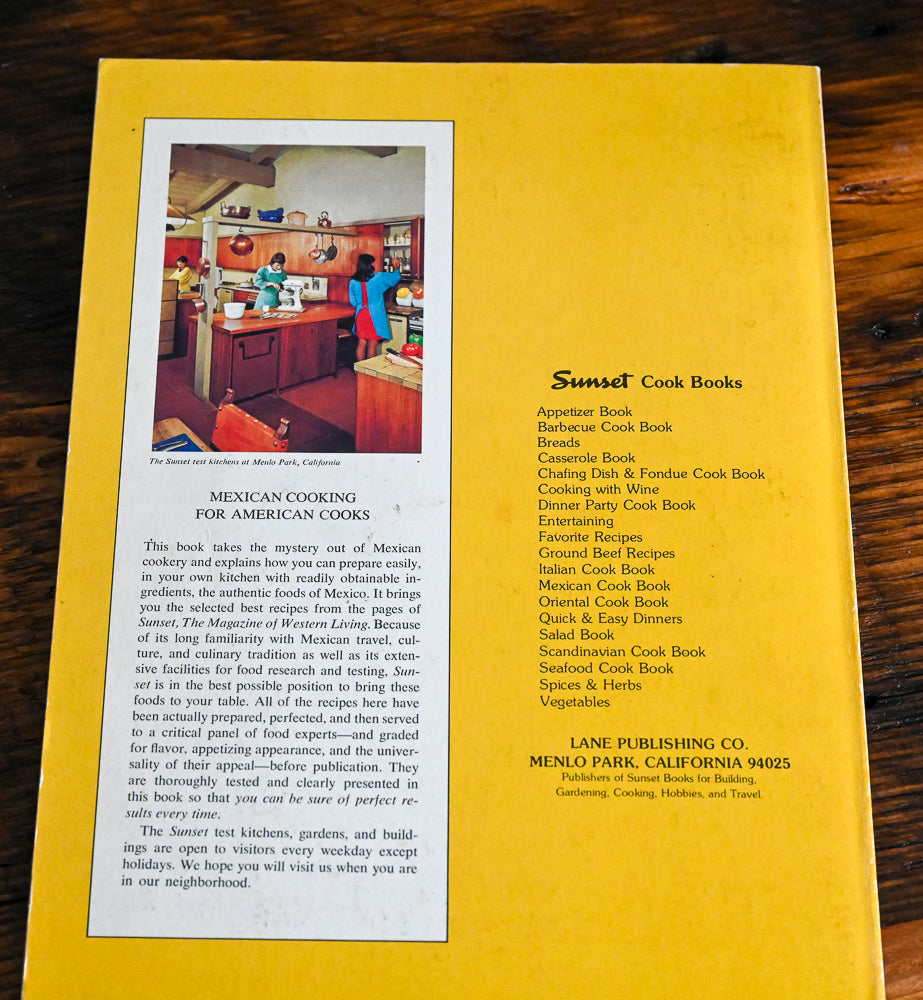 yellow back cover of Sunset Mexican cookbook, color photo and information