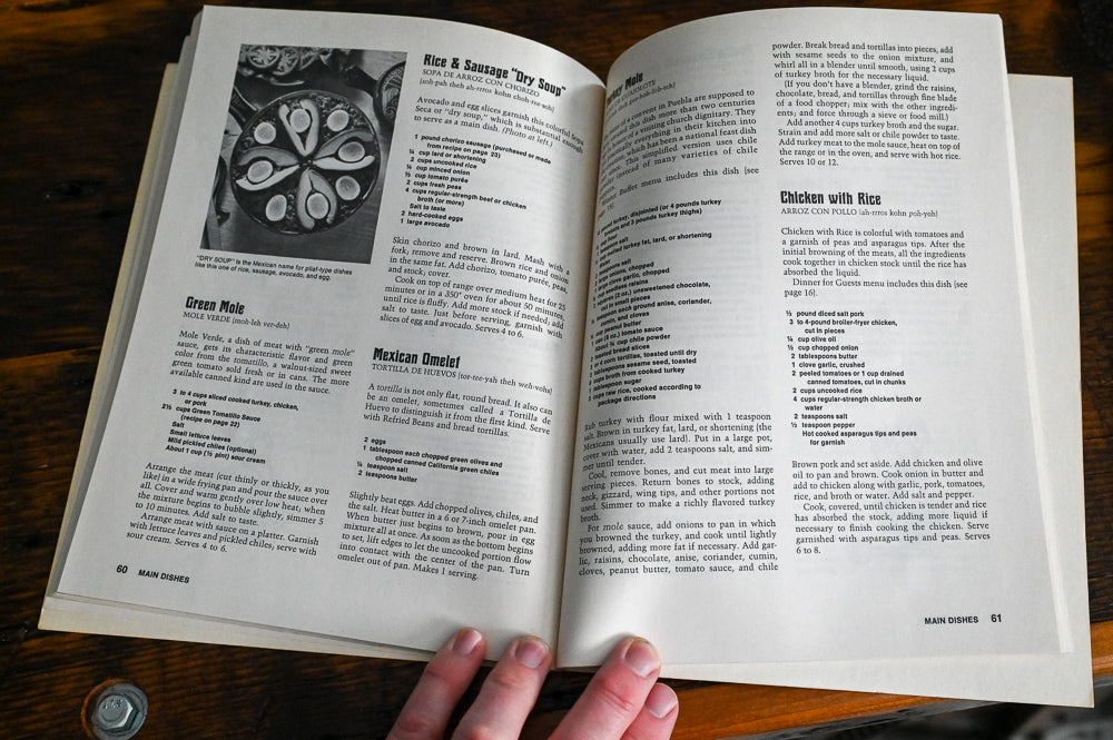 inside of Sunset Mexican cookbook with black and white photo and recipes