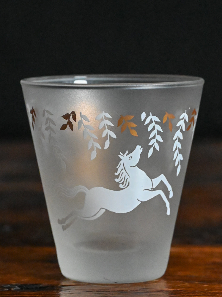 White and gold horses and leaves on frosted lowball glasses